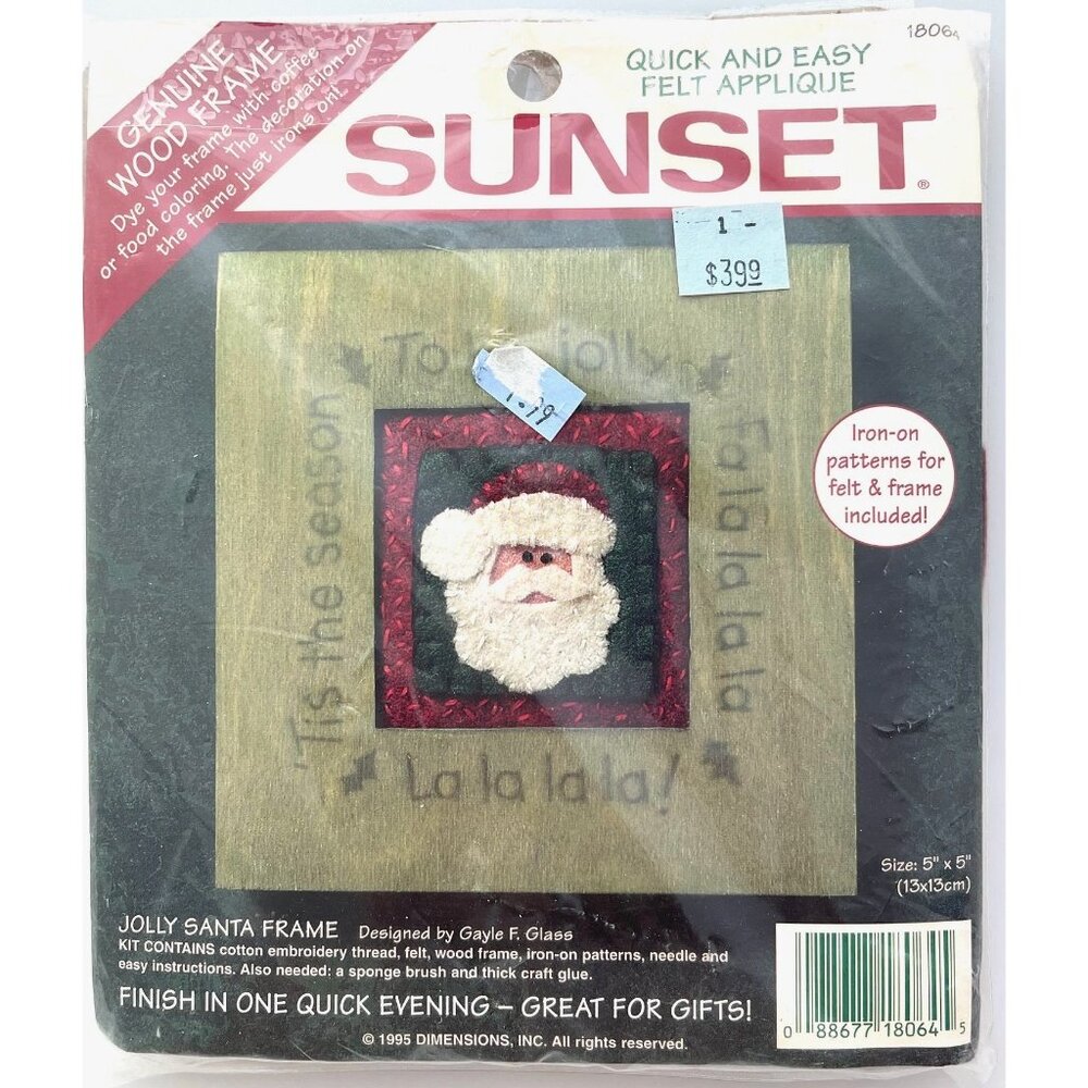 Sunset Jolly Santa Frame Felt Applique, Vintage Craft Kit, 1995